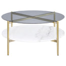  Coaster Furniture Jonelle 710338 Round Glass Top Coffee Table - White Marble Shelf Gold IMAGE 3